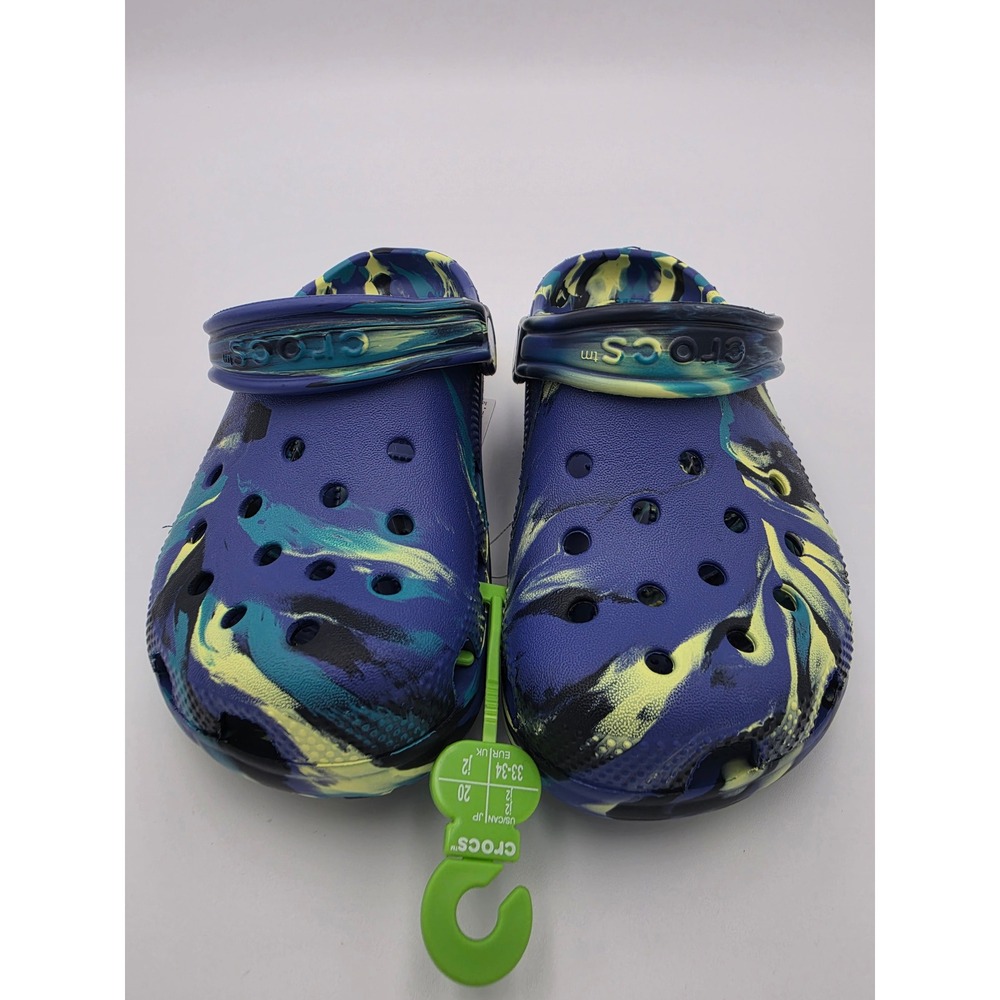Crocs Kids Classic Marbled Clog Blue Yellow Black Size J2, NWT